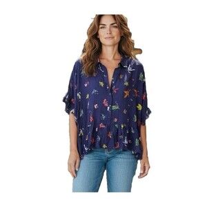 Anthropologie Maeve Butterfly Peplum Blouse Navy Blue Large Ruffled Button Up